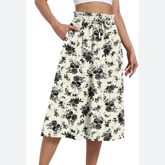 Black & Cream Floral Pattern Midi Skirt M - Picture 1 of 9